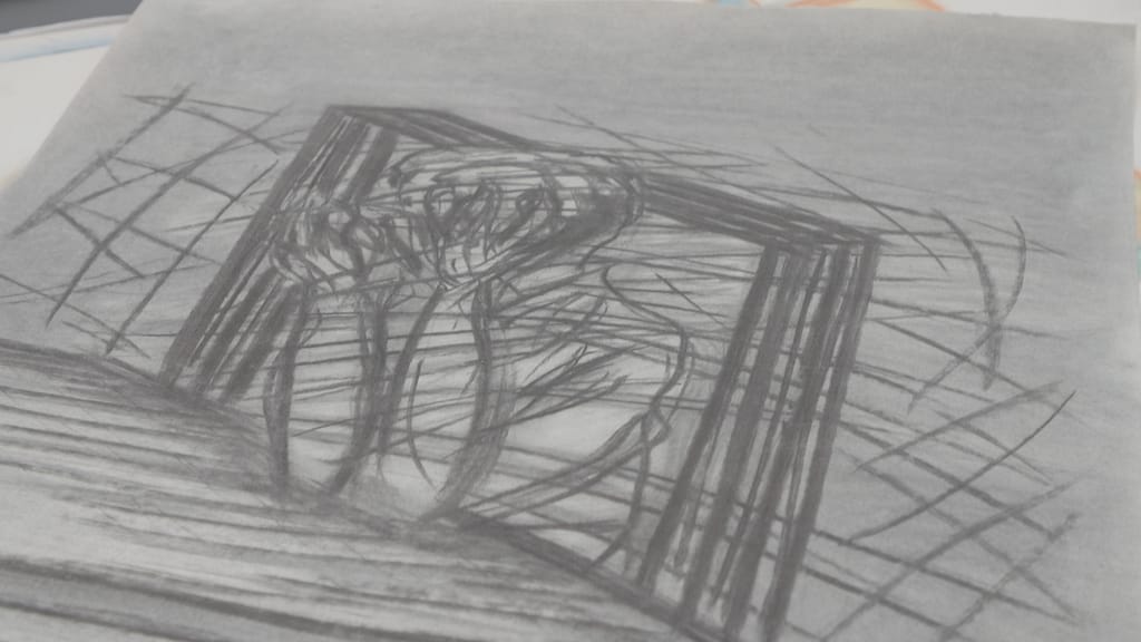 Charcoal drawing of an abstract figure with head in handswithin a rectangle. 